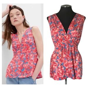 GAP Floral V-Neck Blouse - Pink and Blue